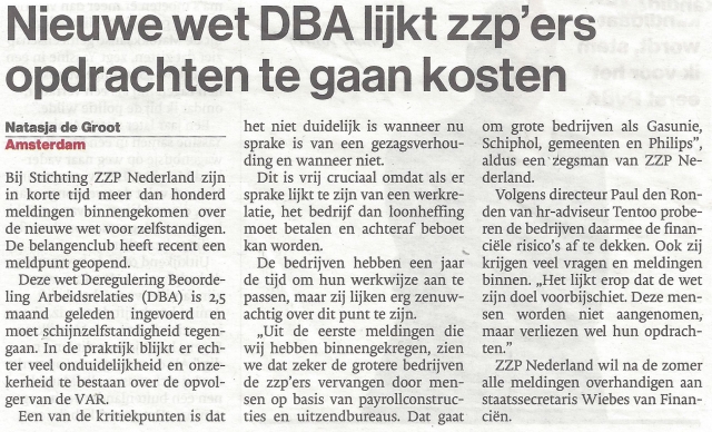 Krantenartikel AD: Nieuwe wet DBA lijkt zzpérs opdrachten te gaan kosten.